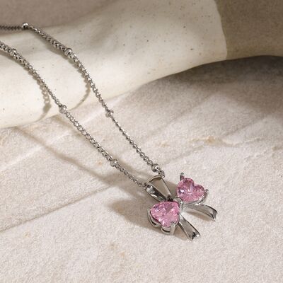 Stainless Steel Inlaid Zircon Bow Necklace - CNCO