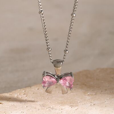 Stainless Steel Inlaid Zircon Bow Necklace - CNCO