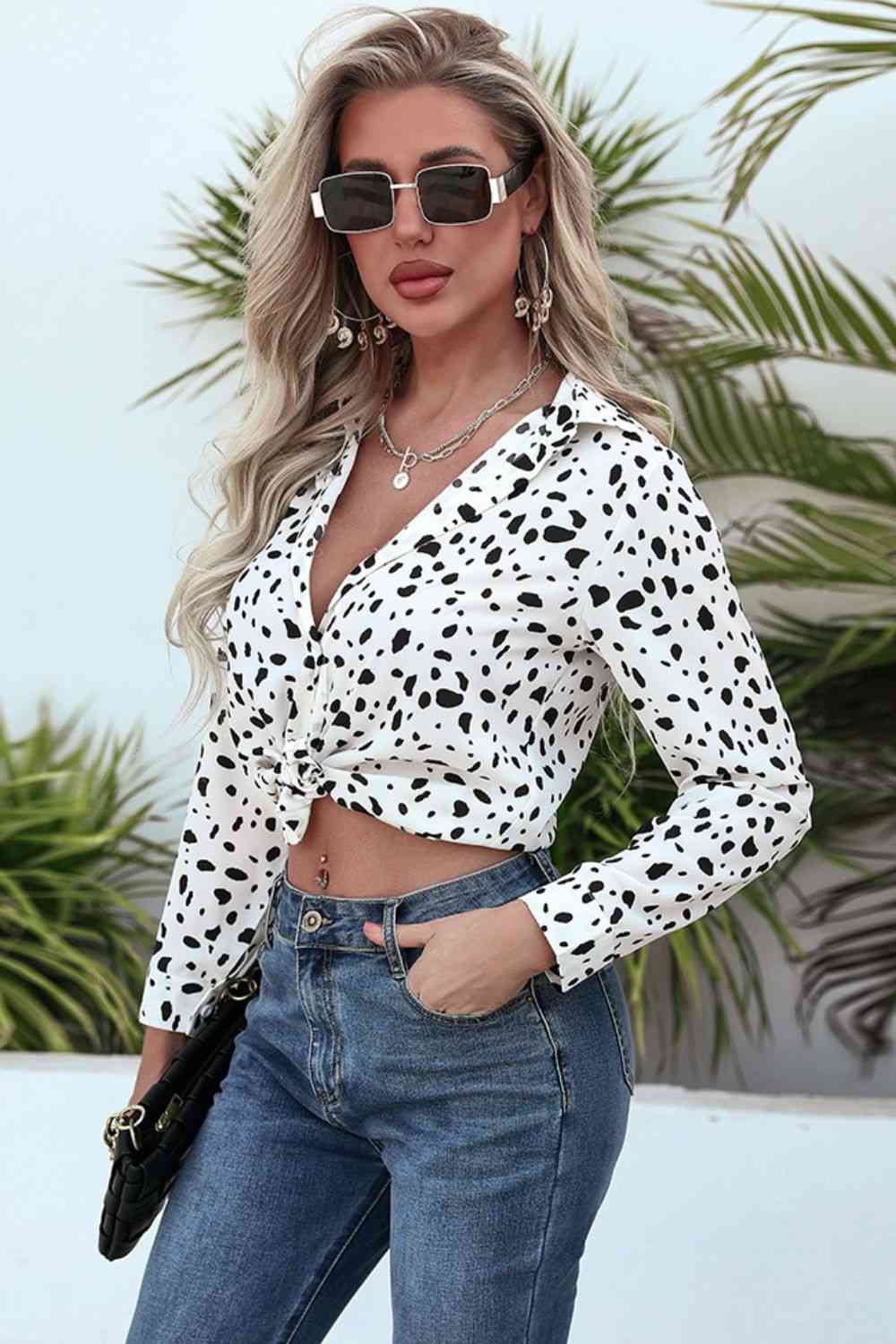 Animal Print Curved Hem Button-Up Shirt - KECHENFS