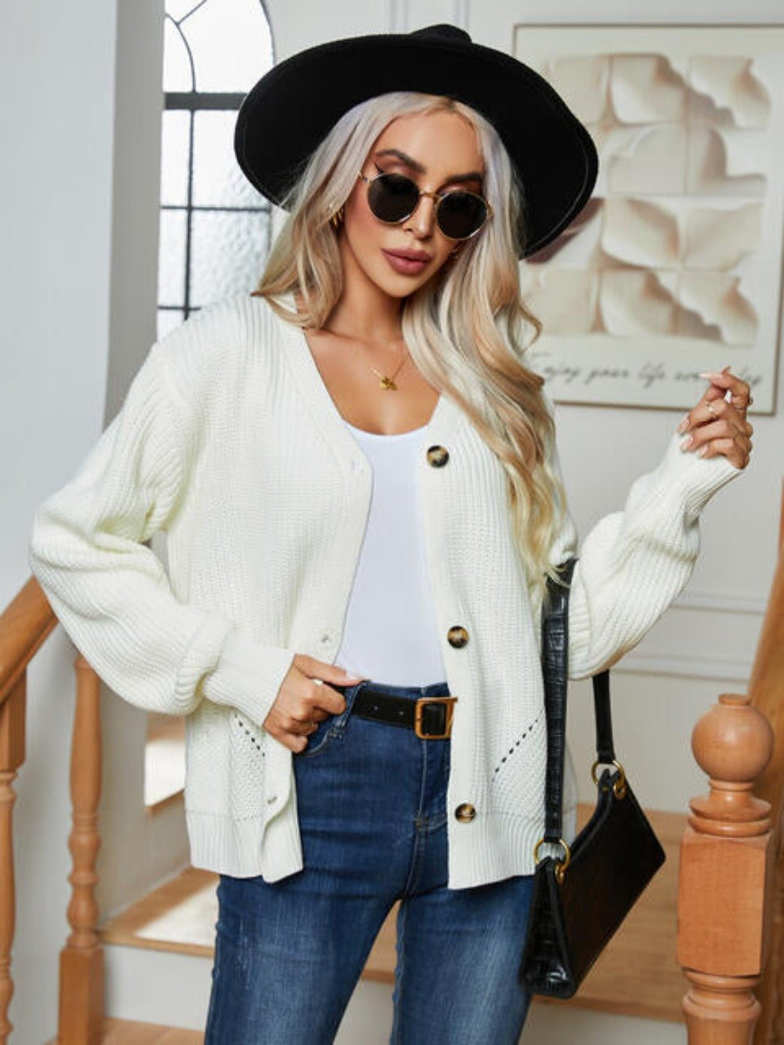 Button Up V-Neck Long Sleeve Cardigan - KECHENFS