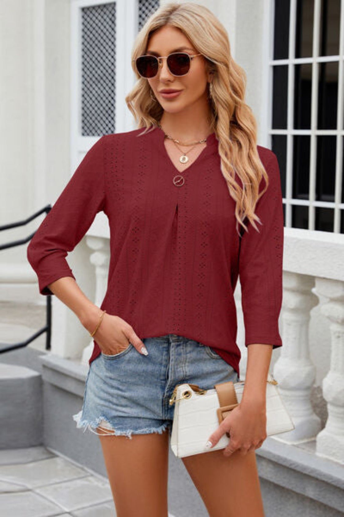 Eyelet Notched Knit Jacquard Top - KECHENFS