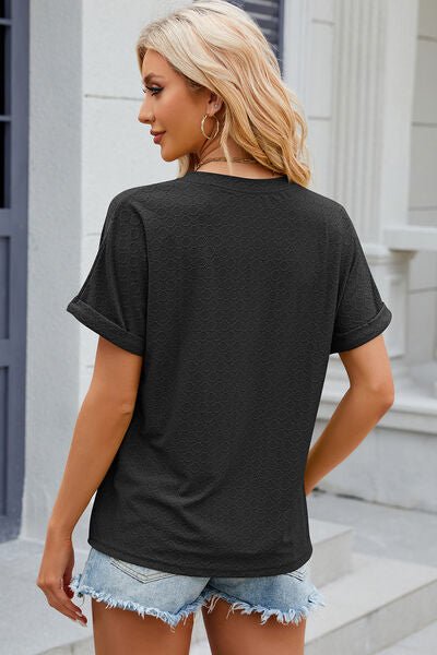 Eyelet Notched Short Sleeve T-Shirt - KECHENFS