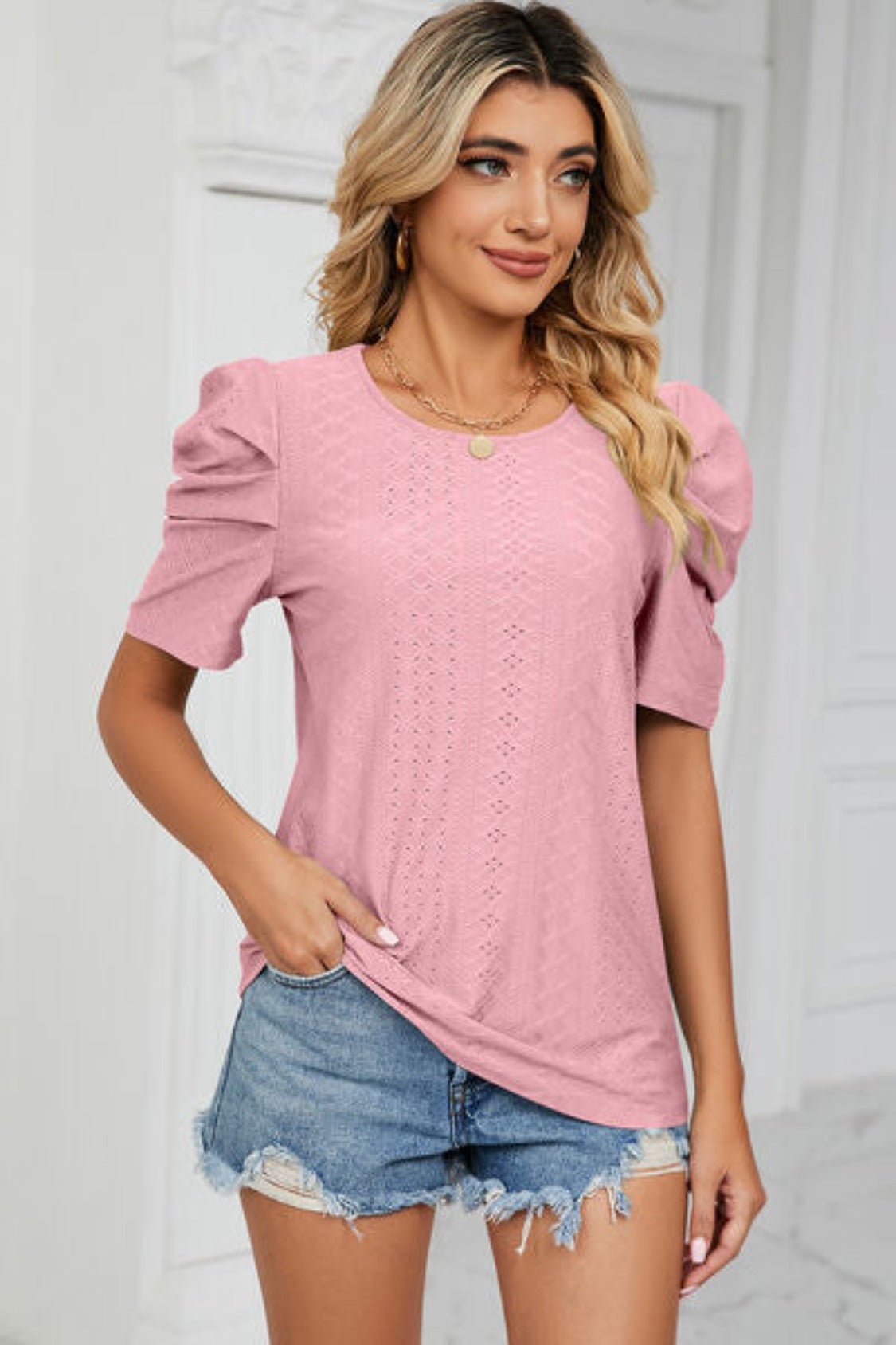 Eyelet Round Neck Puff Sleeve T-Shirt - KECHENFS