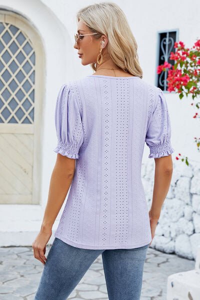 Eyelet Square Neck Short Sleeve T-Shirt - KECHENFS