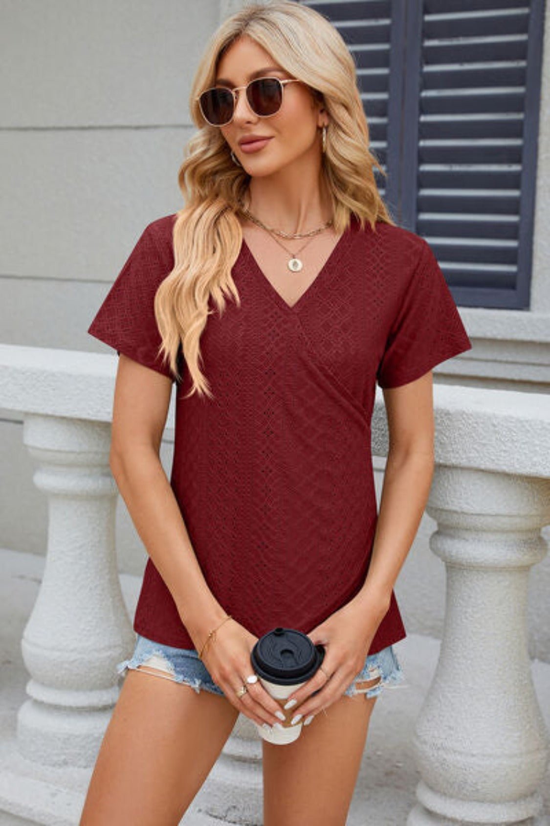 Eyelet Surplice Short Sleeve T-Shirt - KECHENFS