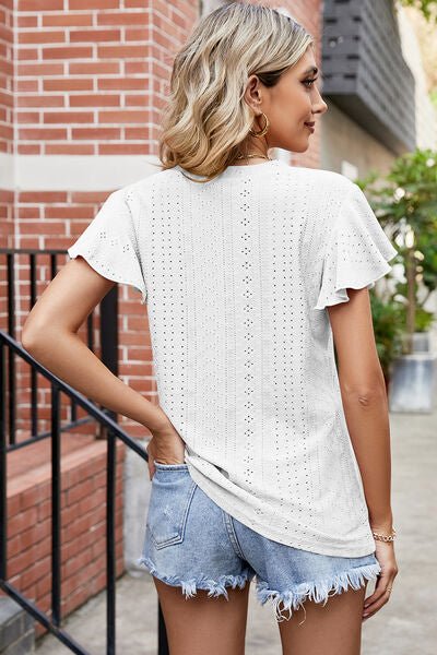 Eyelet V-Neck Flutter Sleeve T-Shirt - KECHENFS