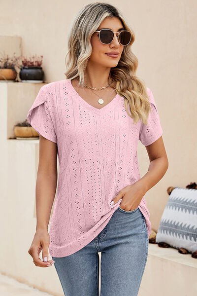 Eyelet V-Neck Petal Sleeve T-Shirt - KECHENFS