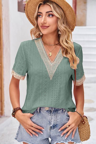 Eyelet V-Neck Short Sleeve T-Shirt - KECHENFS