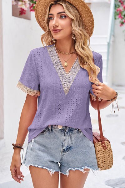 Eyelet V-Neck Short Sleeve T-Shirt - KECHENFS