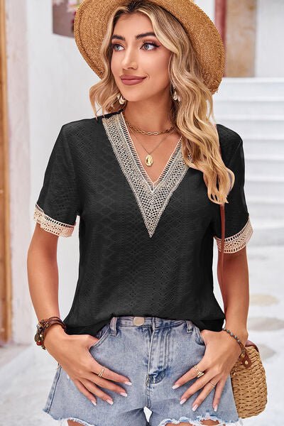 Eyelet V-Neck Short Sleeve T-Shirt - KECHENFS