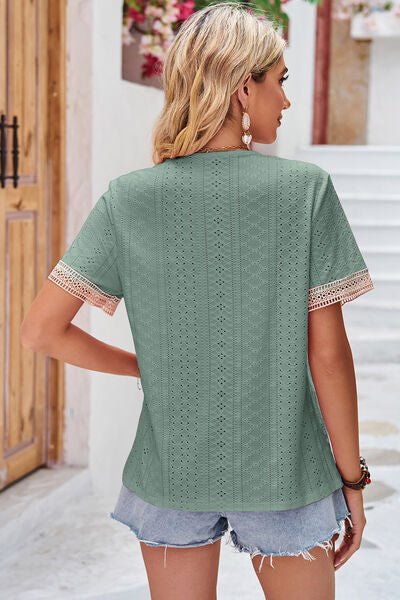 Eyelet V-Neck Short Sleeve T-Shirt - KECHENFS