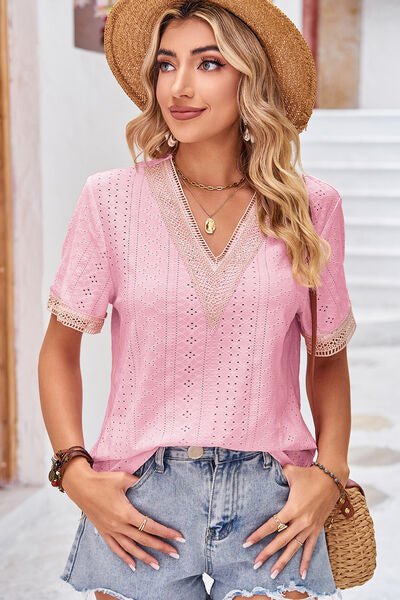 Eyelet V-Neck Short Sleeve T-Shirt - KECHENFS