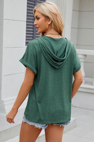 Half Button Drawstring Short Sleeve Hooded T-Shirt - KECHENFS