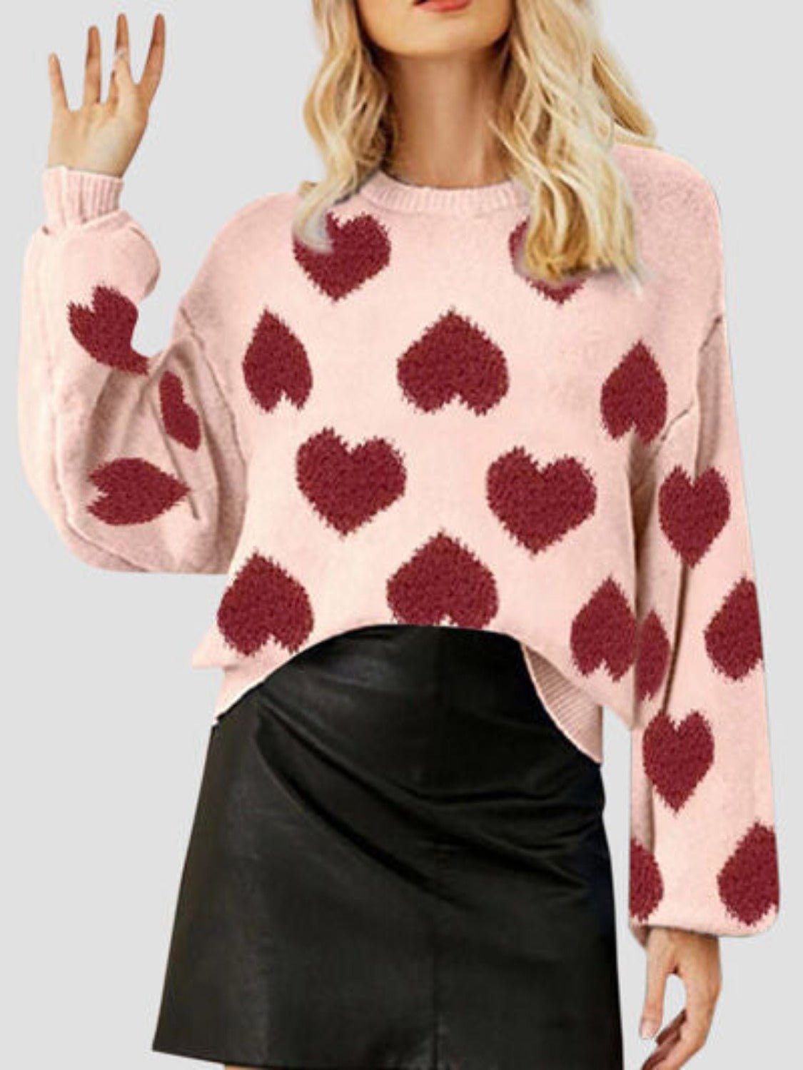 Heart Round Neck Dropped Shoulder Sweater - KECHENFS