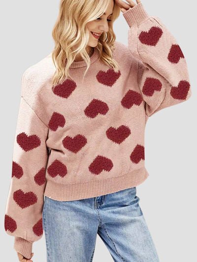 Heart Round Neck Dropped Shoulder Sweater - KECHENFS