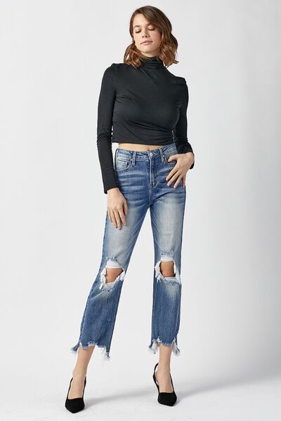 High Waist Distressed Frayed Hem Cropped Straight Jeans - KECHENFS