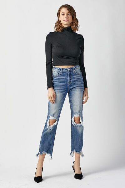 High Waist Distressed Frayed Hem Cropped Straight Jeans - KECHENFS