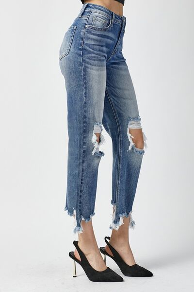 High Waist Distressed Frayed Hem Cropped Straight Jeans - KECHENFS