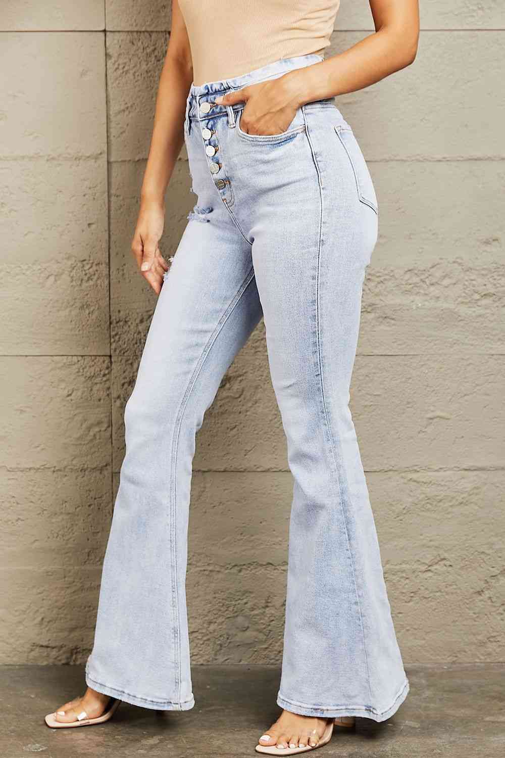 High Waisted Button Fly Flare Jeans - KECHENFS