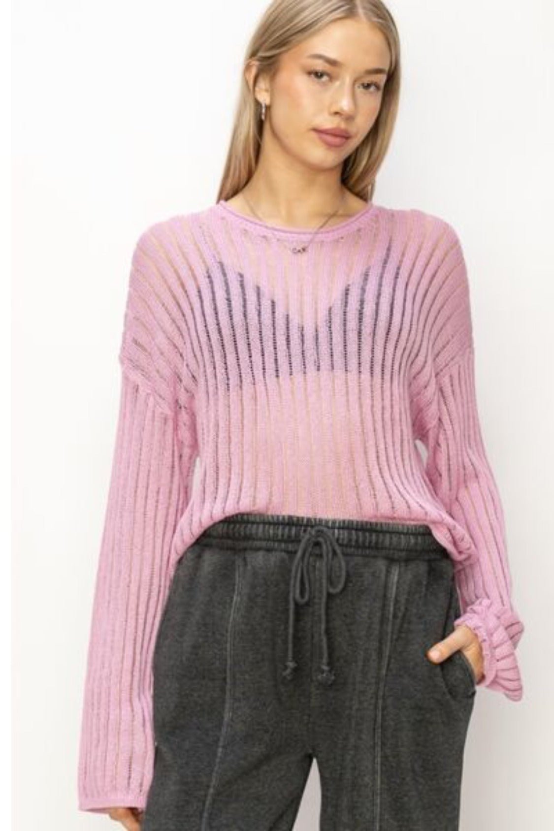 HYFVE Openwork Ribbed Long Sleeve Knit Top - KECHENFS