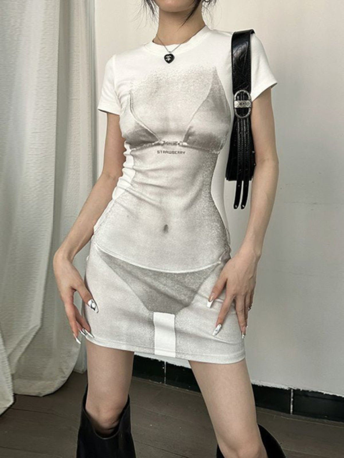 New personalized printed round neck short-sleeved dress hot girl temperament slimming skirt - KECHENFS