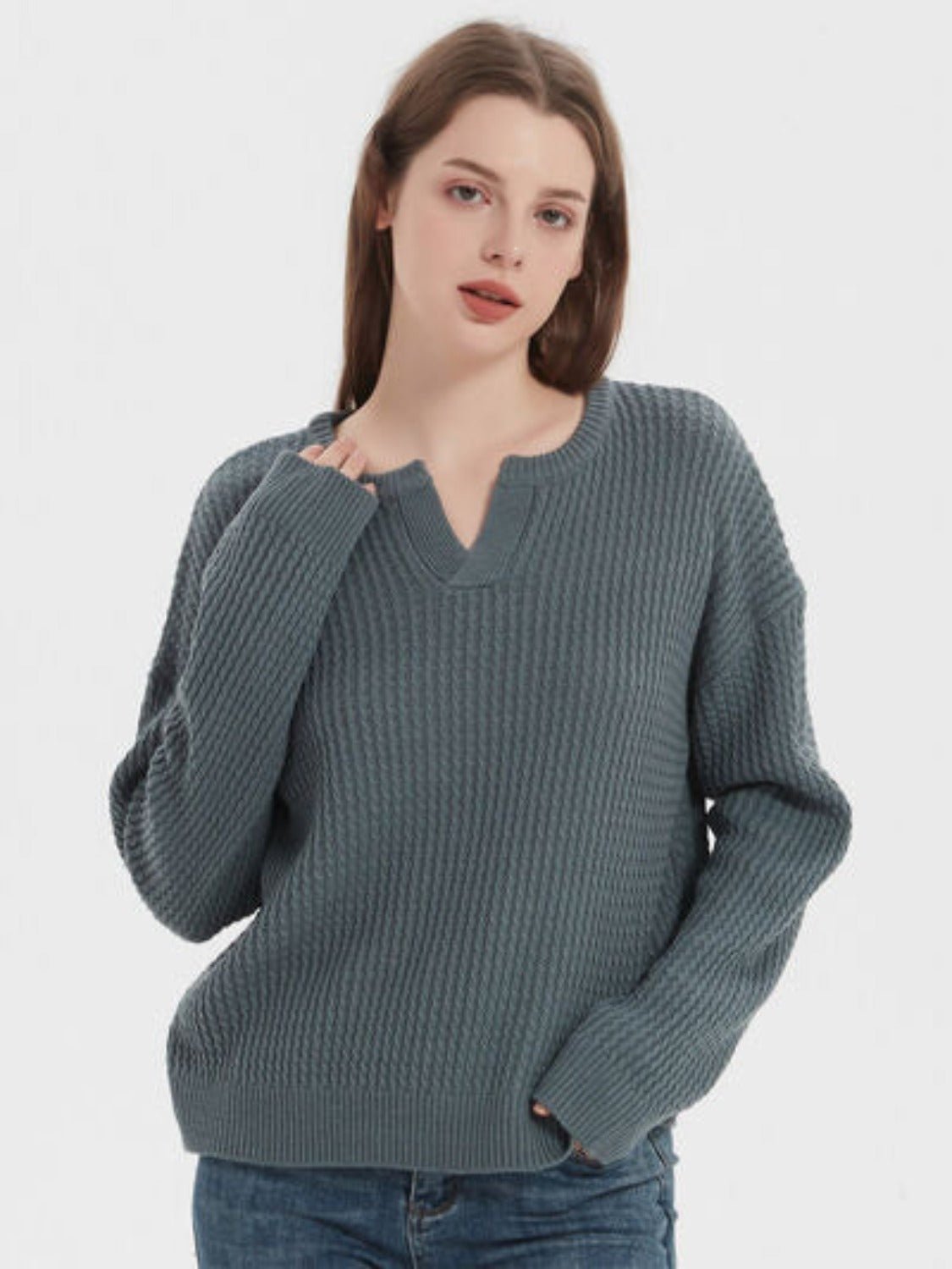 Notched Dropped Shoulder Sweater - KECHENFS