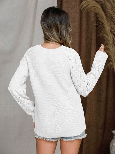 Openwork Round Neck Raglan Sleeve Sweater - KECHENFS