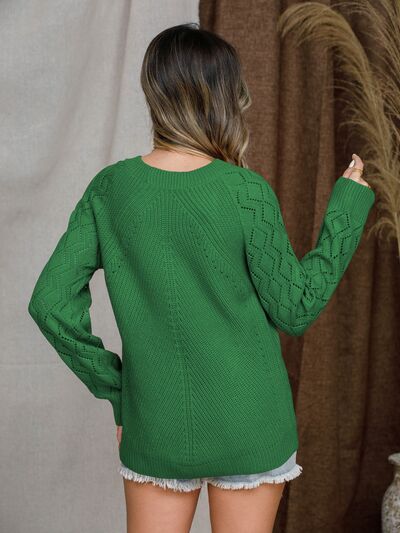 Openwork Round Neck Raglan Sleeve Sweater - KECHENFS