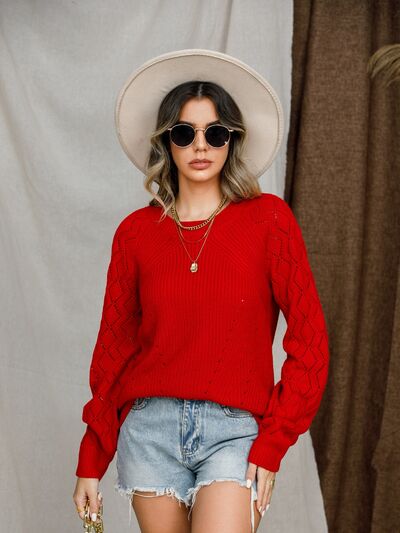 Openwork Round Neck Raglan Sleeve Sweater - KECHENFS