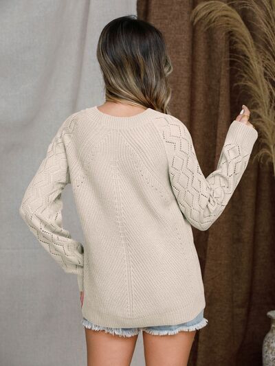 Openwork Round Neck Raglan Sleeve Sweater - KECHENFS