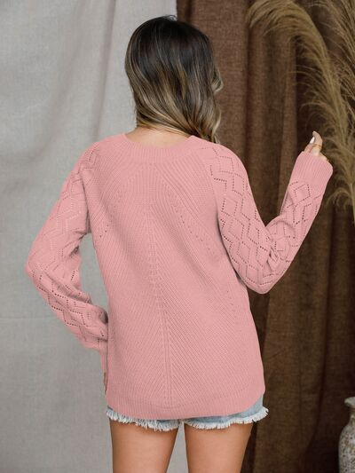 Openwork Round Neck Raglan Sleeve Sweater - KECHENFS