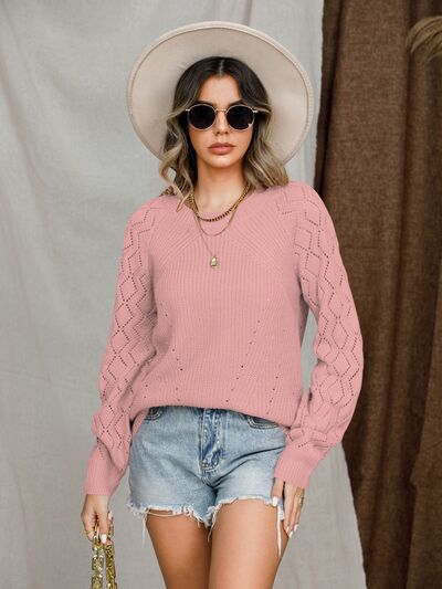 Openwork Round Neck Raglan Sleeve Sweater - KECHENFS