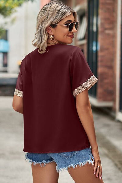 Openwork V-Neck Short Sleeve T-Shirt - KECHENFS