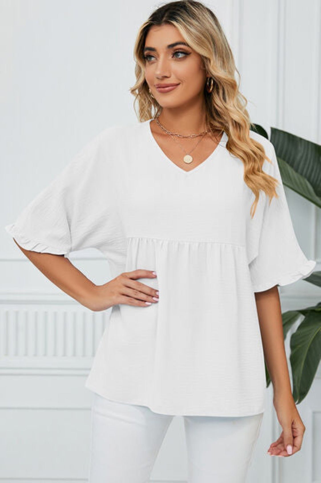 Peplum V-Neck Half Sleeve T-Shirt - KECHENFS