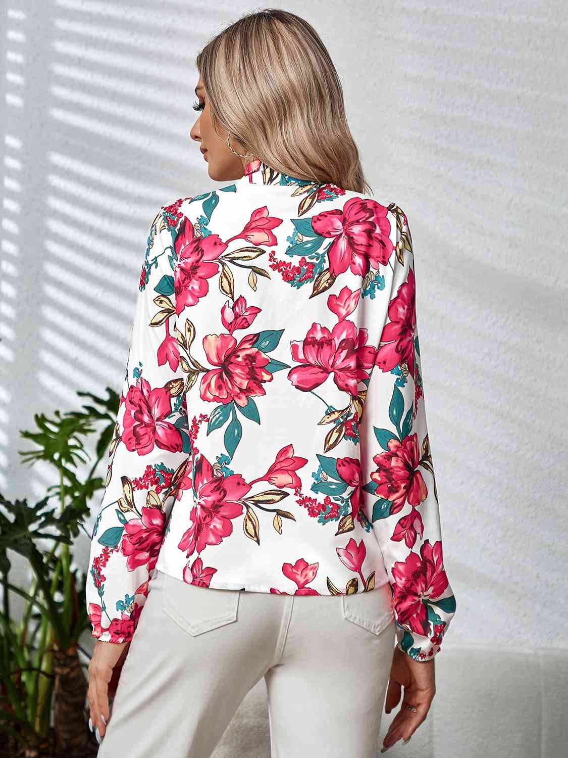 Printed Tie Neck Long Sleeve Blouse - KECHENFS