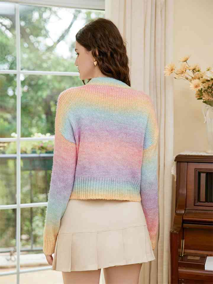 Rainbow Color Cable-Knit Dropped Shoulder Knit Top - KECHENFS