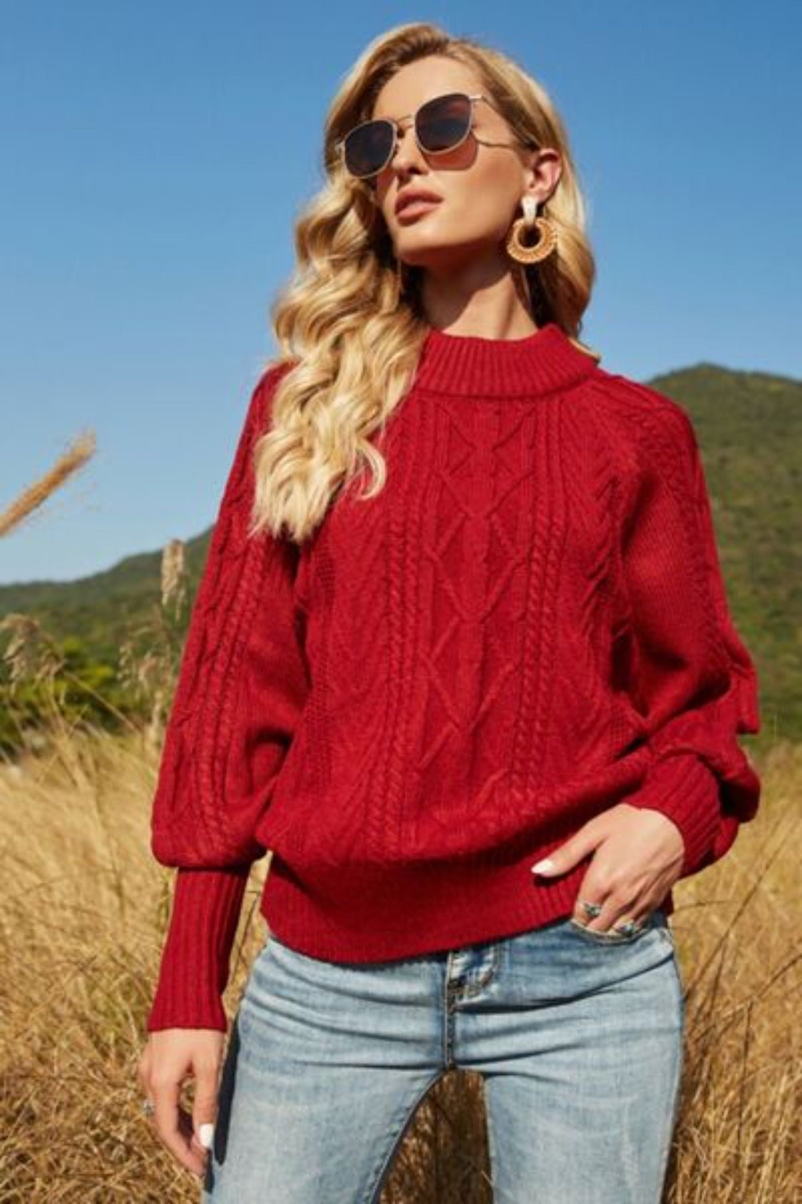 Ribbed Mock Neck Lantern Sleeve Sweater - KECHENFS