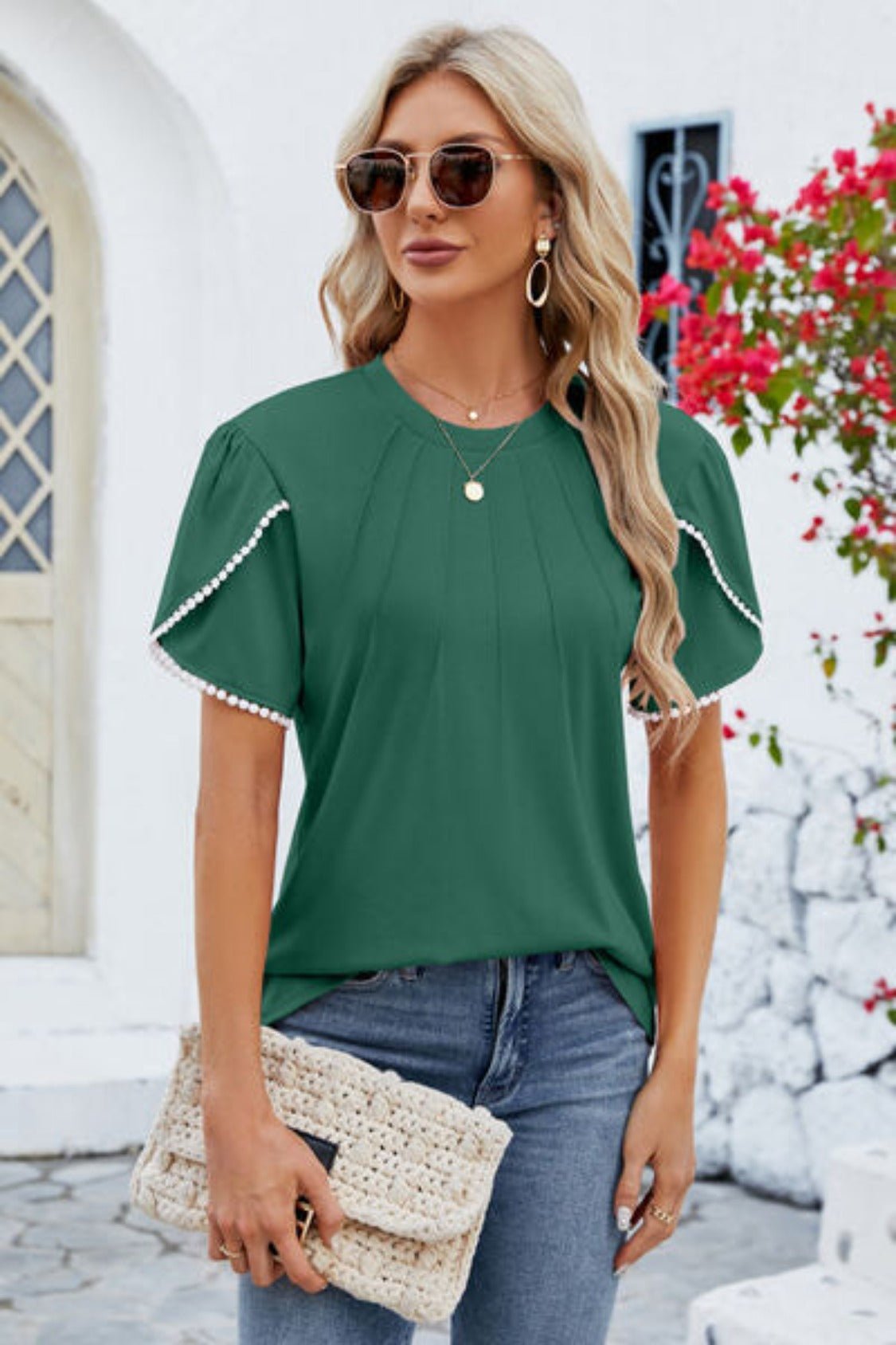 Round Neck Petal Sleeve T-Shirt - KECHENFS