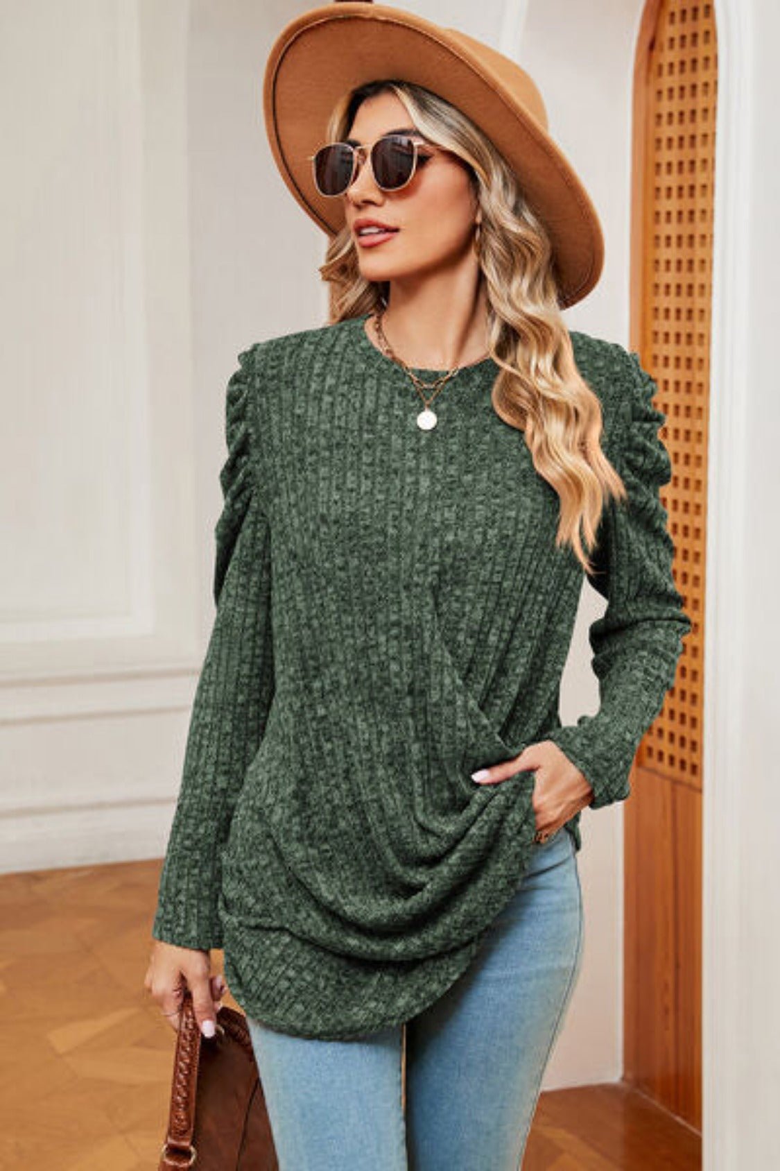 Round Neck Puff Sleeve T-Shirt - KECHENFS