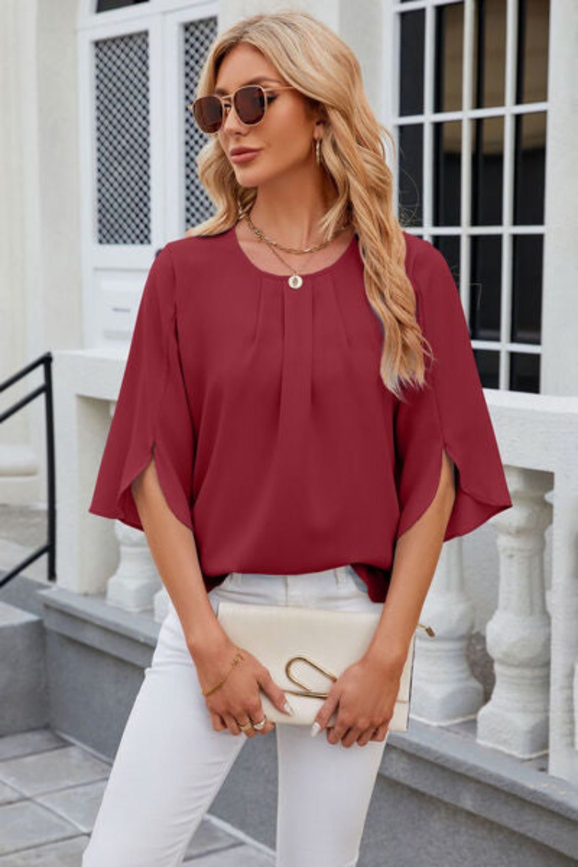 Round Neck Slit Half Sleeve Top - KECHENFS