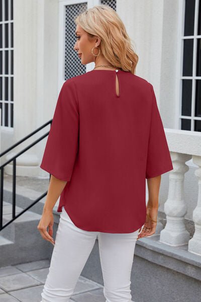 Round Neck Slit Half Sleeve Top - KECHENFS