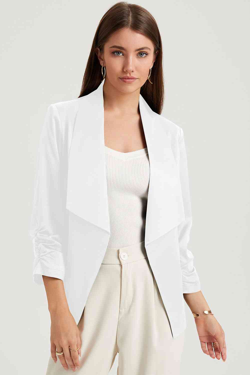 Ruched Open Front Blazer - KECHENFS