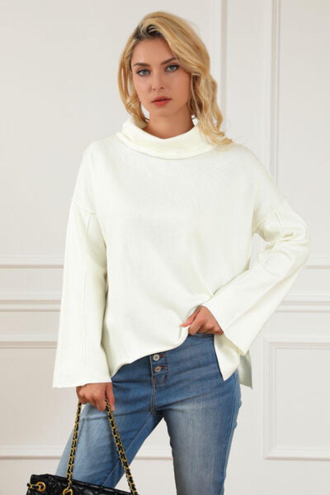 Slit Mock Neck Dropped Shoulder Sweater - KECHENFS