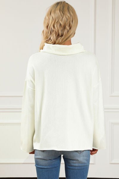 Slit Mock Neck Dropped Shoulder Sweater - KECHENFS