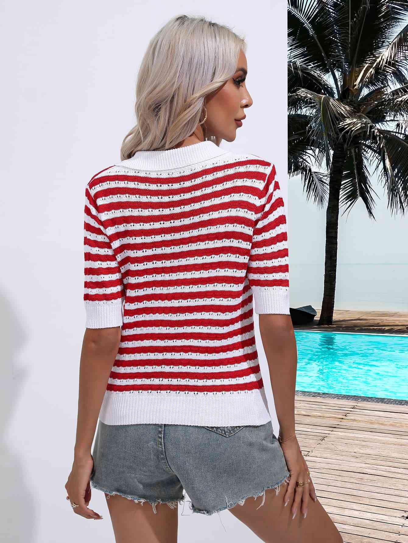 Striped Johnny Collar Half Sleeve Knit Top - KECHENFS