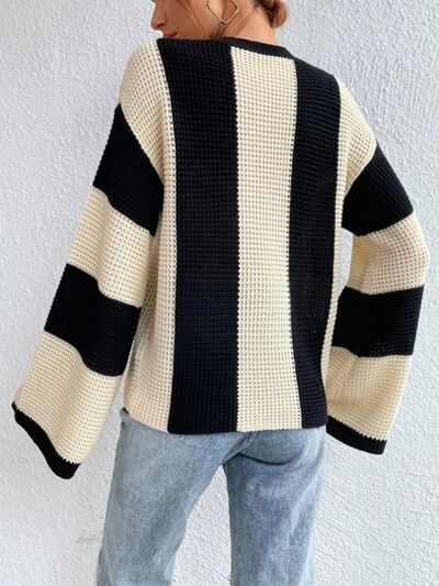 Striped Mock Neck Long Sleeve Sweater - KECHENFS