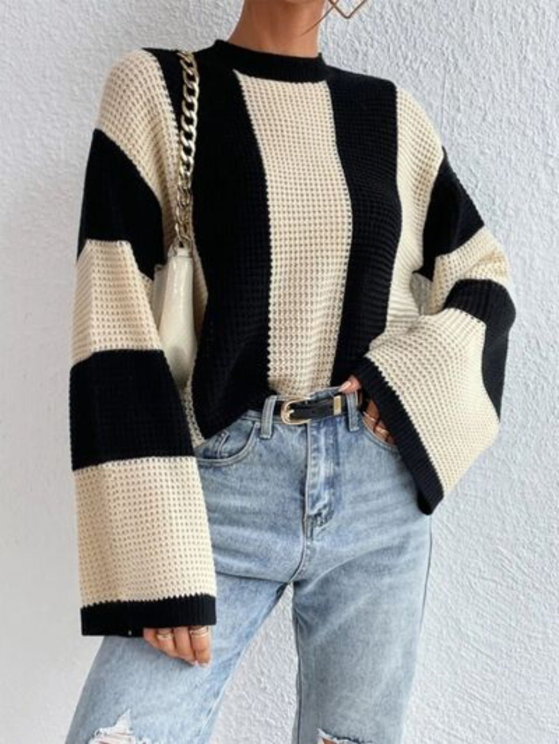 Striped Mock Neck Long Sleeve Sweater - KECHENFS