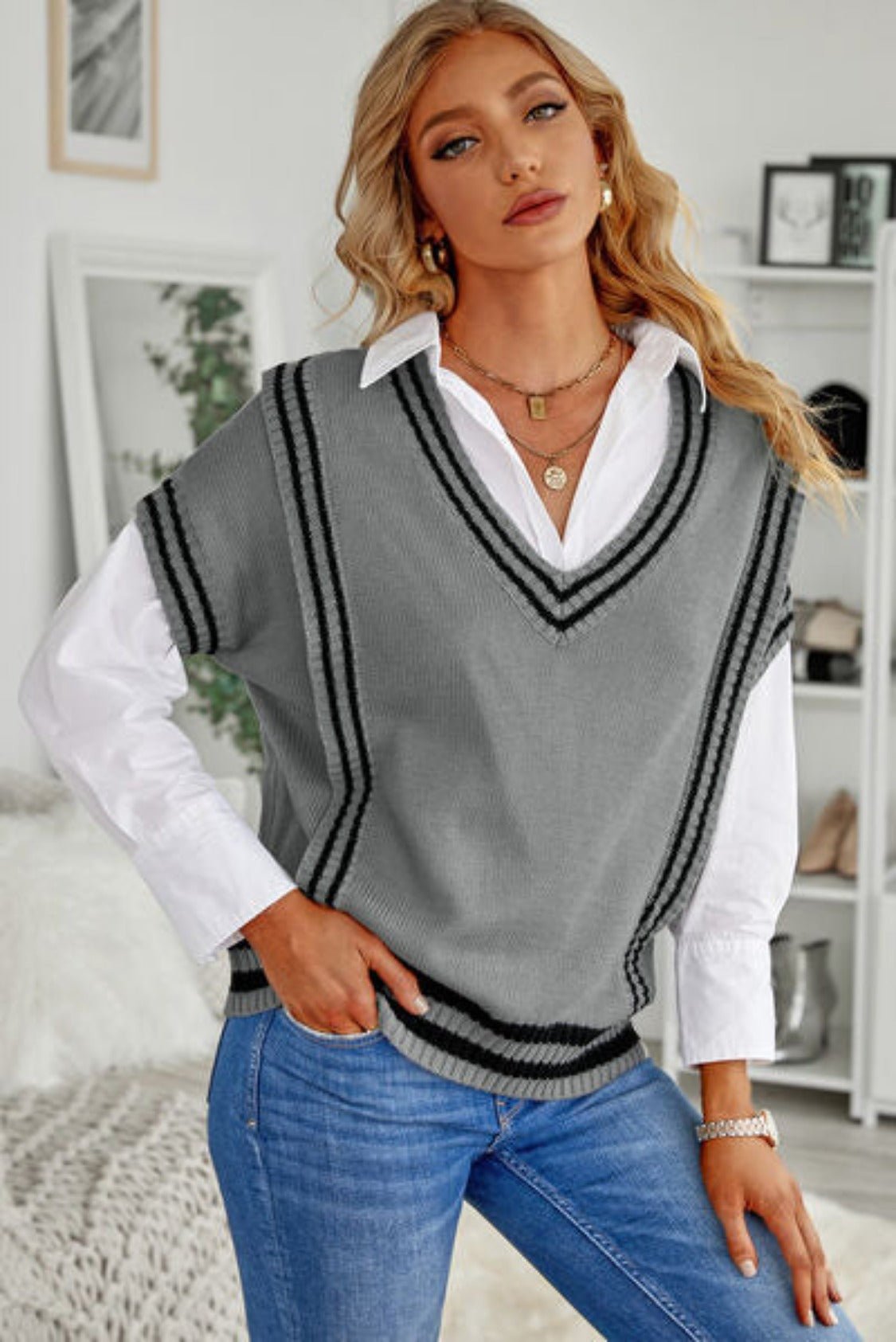 Striped V-Neck Short Sleeve Sweater - KECHENFS