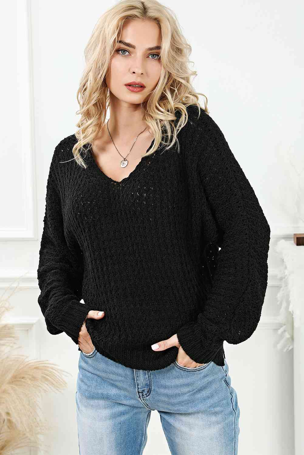 V-Neck Slit Knit Top - KECHENFS