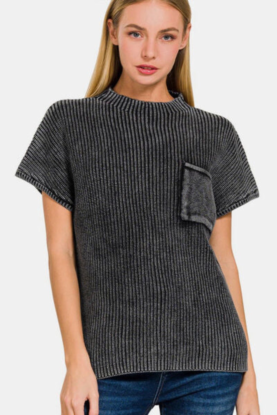 Zenana Pocketed Mock Neck Short Sleeve Sweater - KECHENFS